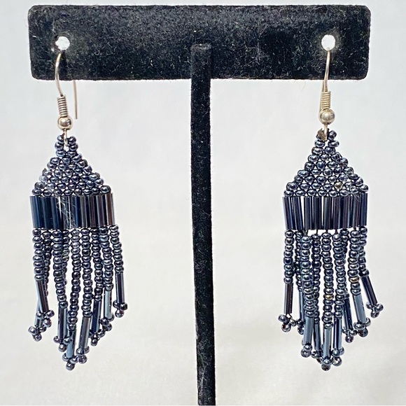 Boho Beaded Earrings Seed Bead Metallic Blue Dangle Drop Fringe - Picture 1 of 8